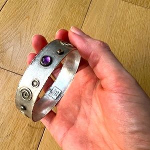 RARE! Vintage signed 925 Sterling Silver, Gold, Gem  C Prior bangle bracelet